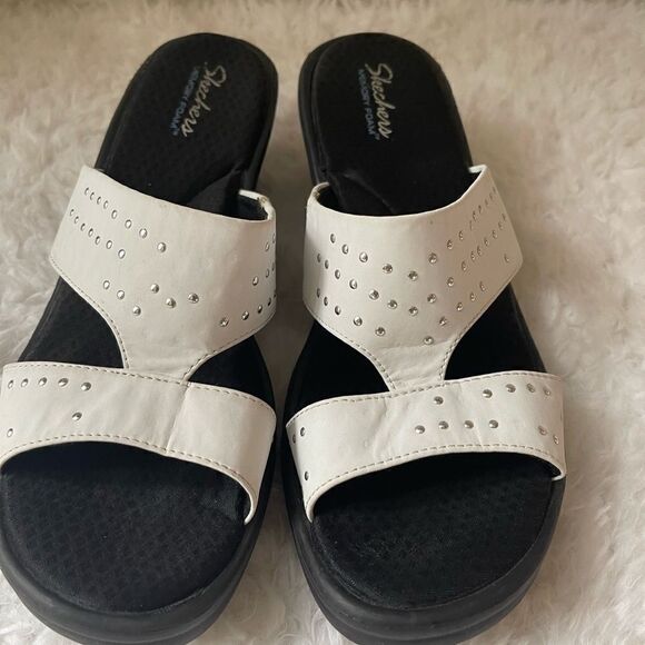 Skechers Rumbler white  wedge slip on straps sandals silver studs accent SZ11 - Picture 3 of 12